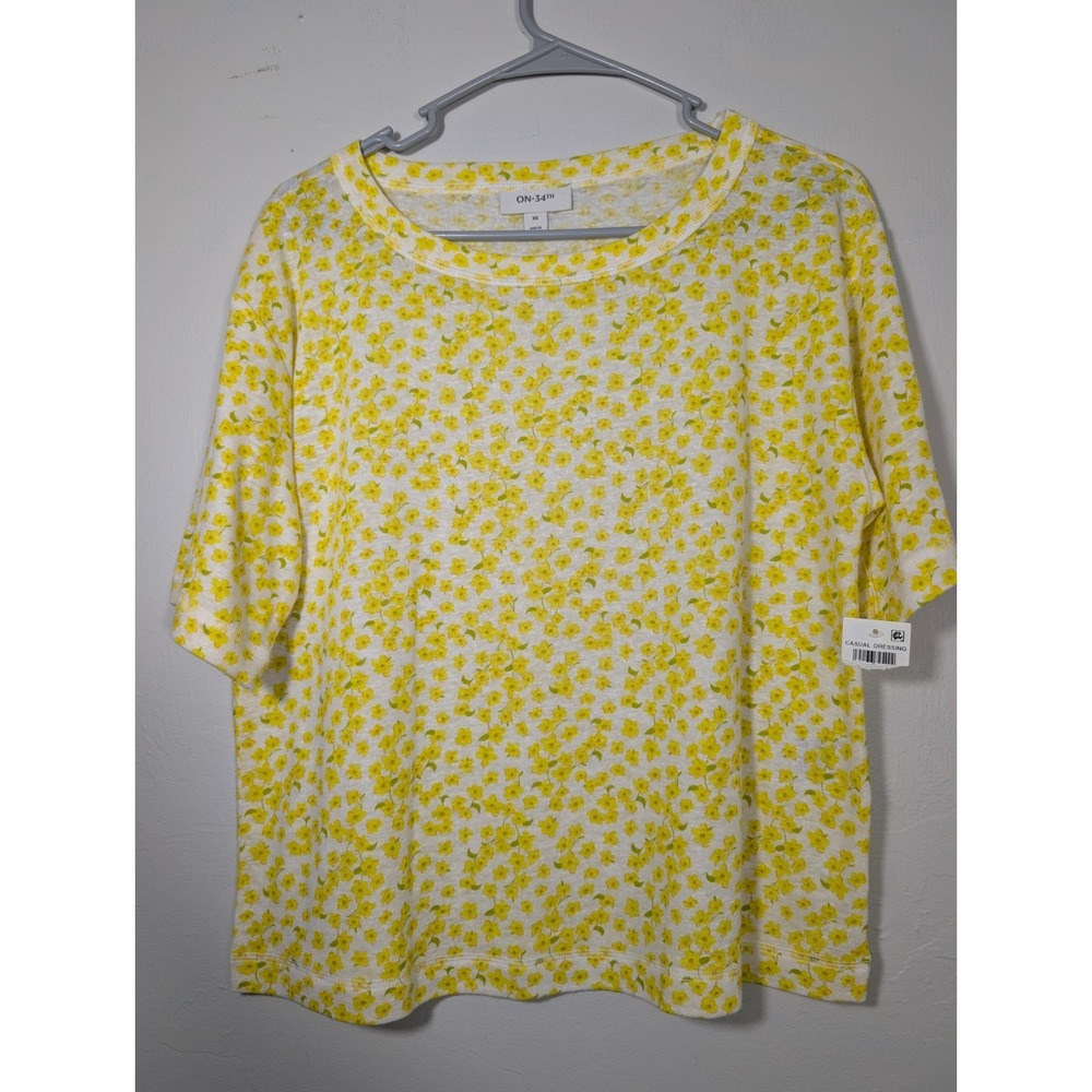 On 34th Yellow Daisy Floral Linen Blend Boxy Cropped Blouse Small Boho New